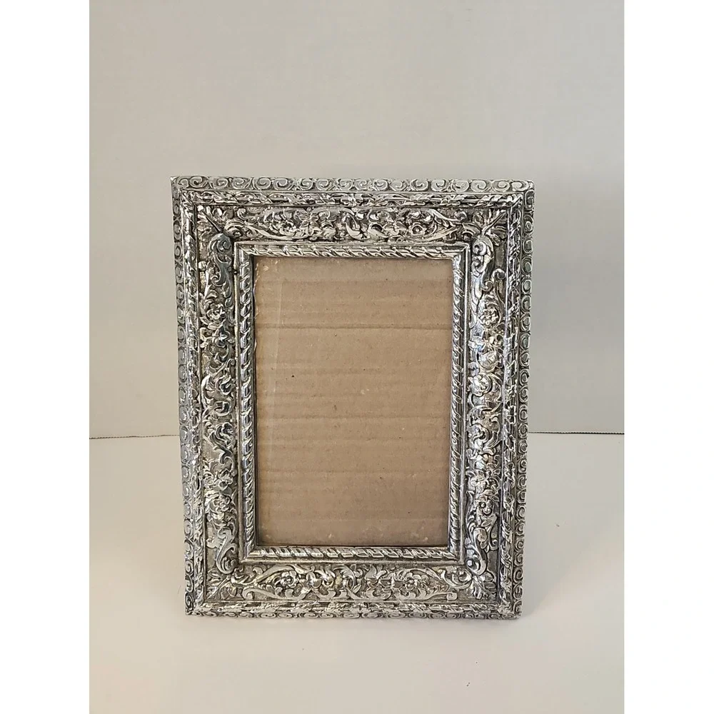 Ornate Silvertoned Picture Frame 5x7 Victorian Style Resin Tabletop Portrait